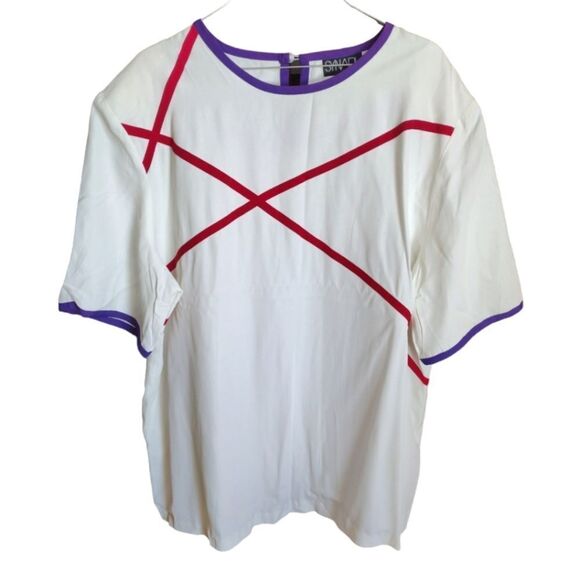 VTG 80s USA White Colorful Abstract Trim Rayon Blouse Plussize 2XL - Picture 3 of 13